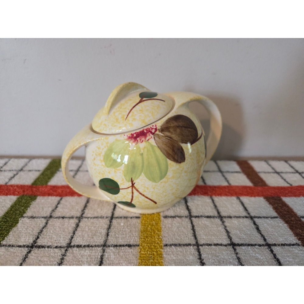 Vintage Mid Century Floral Ceramic Sugar Bowl with Lid Yellow Speckled Glaze